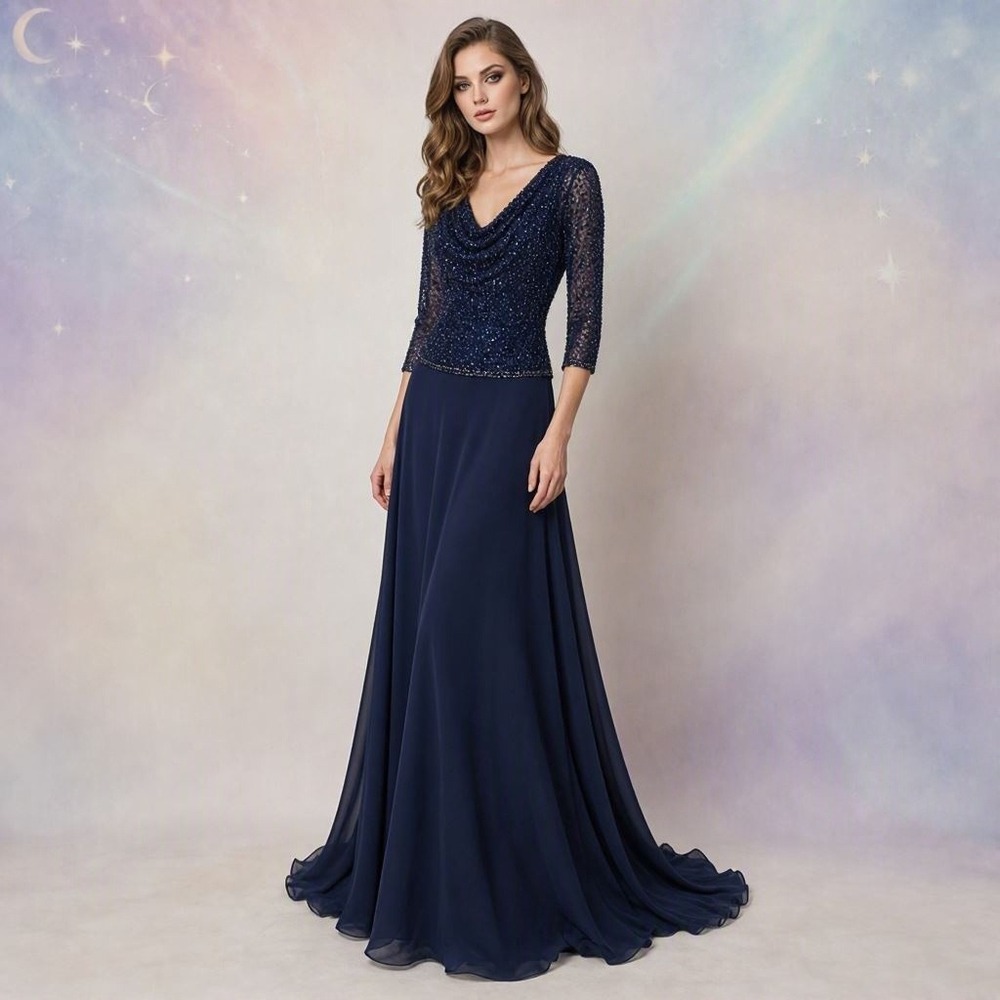 Maxi Whimsigoth Dress Quiet Luxury Formal Navy Blue Sequin Beaded Gown JKARA 8